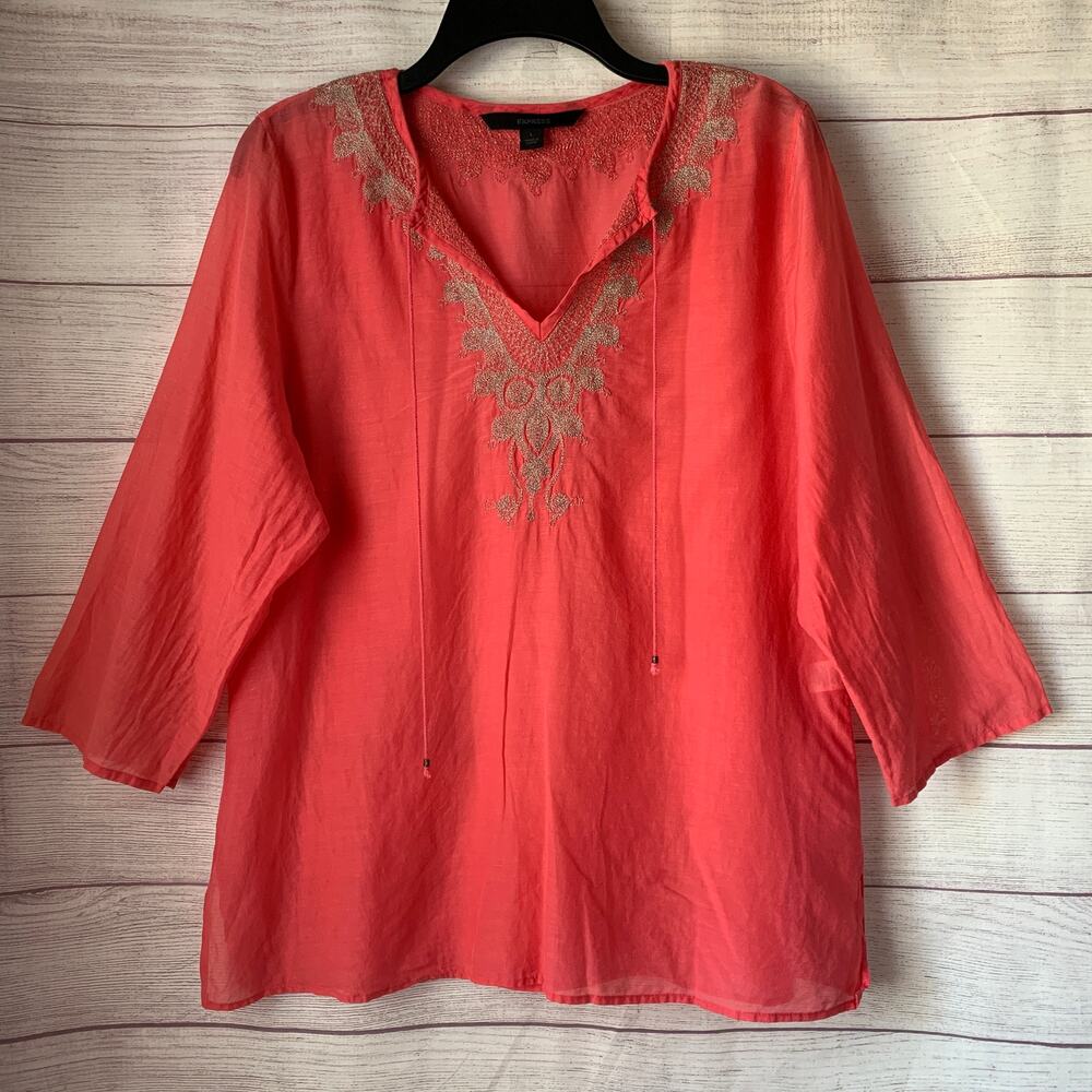 Express Coral Boho Blouse Gold Embroidery Tie Neck Semi Sheer Cotton Silk Size L